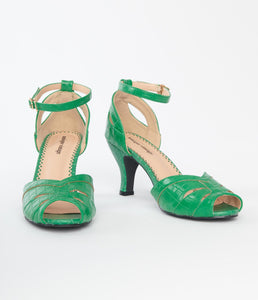 green crocodile pattern ankle strap peep-toe heels