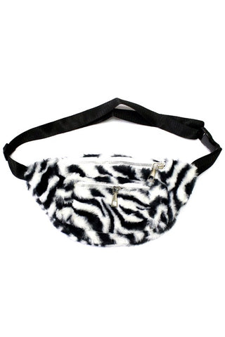 Black & white zebra print faux fur fanny pack purse with front zip pocket, top zipper closure, and adjustable 1" wide black strap
