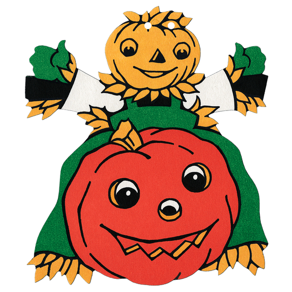 A scarecrow sitting on top of a large jack-o’-lantern
