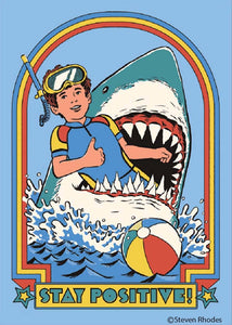 Steven Rhodes Sinister 70s "Stay Positive" illustrated snorkling boy in shark's mouth rectangular refrigerator magnet