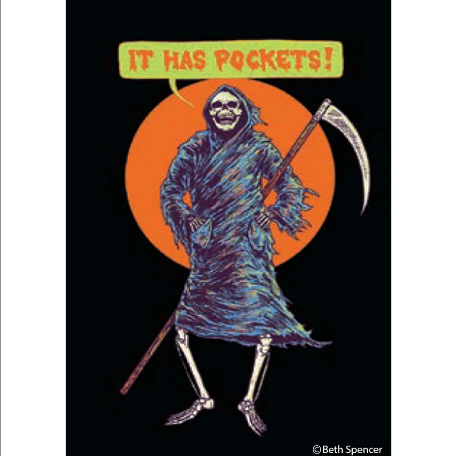 "It Has Pockets!" Grim Reaper illustrated 2" x 3" rectangular refrigerator magnet