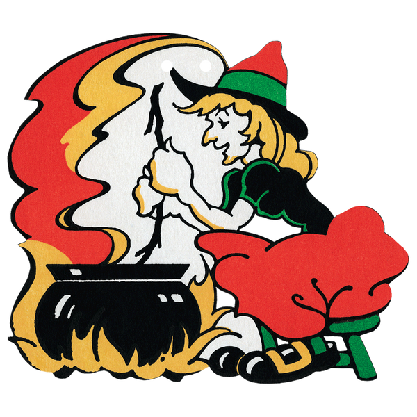 A witch sitting in front of a giant black cauldron with yellow and red smoke rising out of it