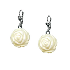 Round 3/4” carved rose dangle earrings in a classic ivory color on silver-plated metal lever-back hooks