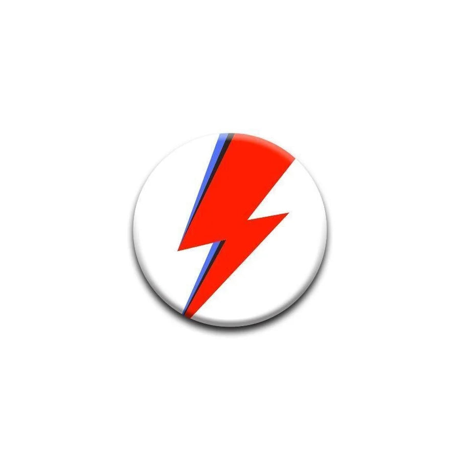 1.25” button with a red and blue lightning bolt that is the logo for David Bowie’s Aladdin Sane period