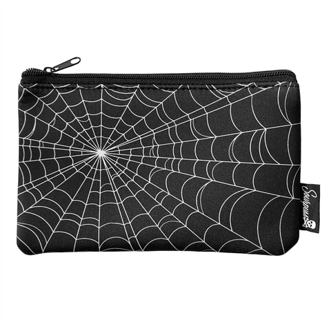 A black neoprene zippered pouch that is printed on both sides with a white spiderweb pattern