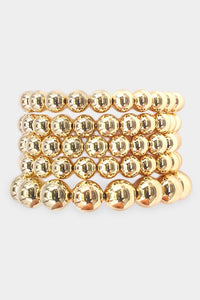 Set of 5 round plastic beads stretch bracelets in shiny metallic gold