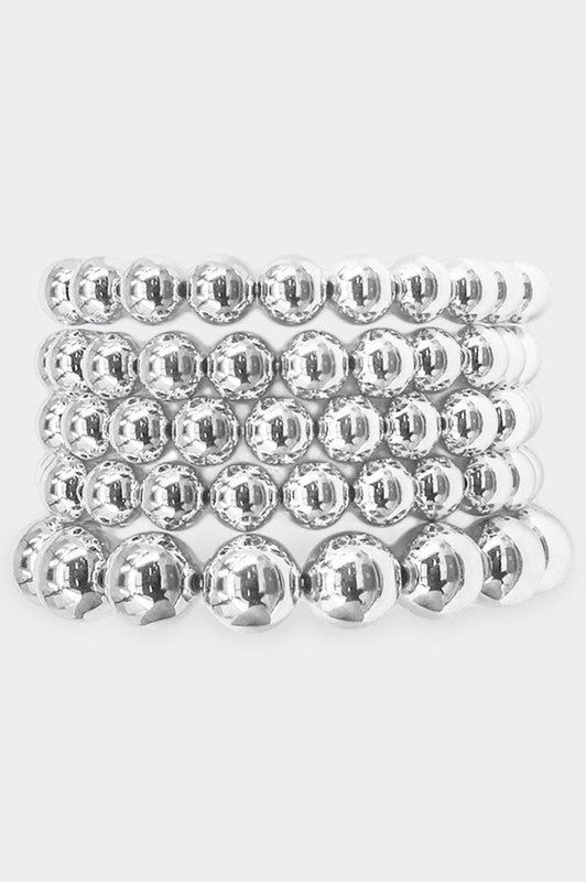 Set of five round plastic beads stretch bracelets in shiny metallic silver