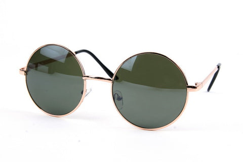 2 1/8" diameter round metal frame sunglasses in gold with dark green lens