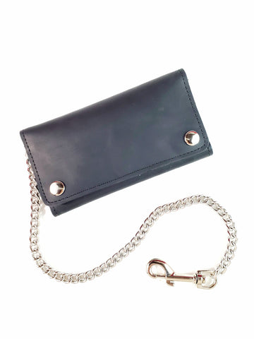 matte finish oil-tanned black leather tri-fold chain wallet heavy duty detachable 18" chromed metal chain