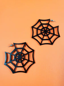 pair shiny black laser-cut acrylic spiderweb "hoop" earrings