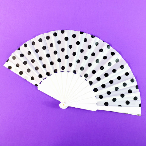 white with black polka dot print fabric folding fan with white plastic ribs