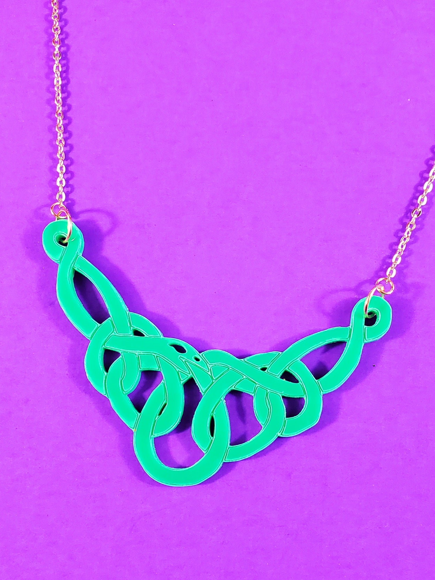 4" laser-cut bright green acrylic very coil-y snake pendant on 16" rose gold metal link chain