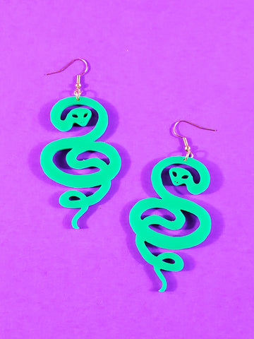 pair 1 1/2" x 3" bright green laser-cut acrylic coiled snake earrings with rose gold metal hooks
