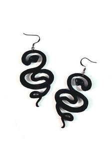 pair 1 1/2" x 3" shiny black laser-cut acrylic coiled snake earrings with gunmetal hooks