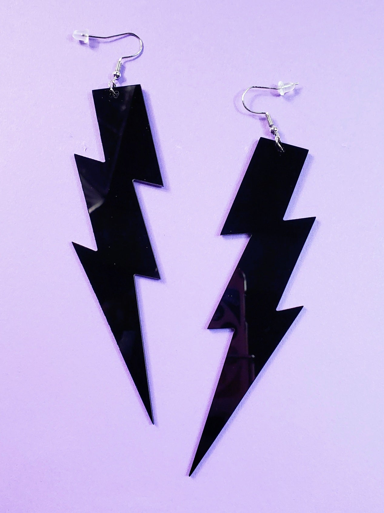 pair 4 5/8" shiny black acrylic lightning bolt dangle earrings