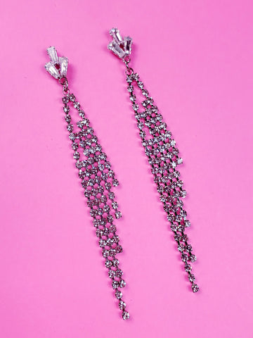 rhinestone drop earrings in hanging strands connected to three long baguette-style crystals