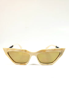Shiny marbled pattern cream plastic frame cat-eye sunglasses with gunmetal cable chain arms and reflective brown lens