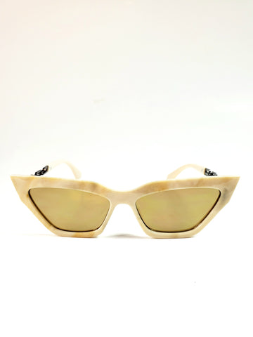 Shiny marbled pattern cream plastic frame cat-eye sunglasses with gunmetal cable chain arms and reflective brown lens