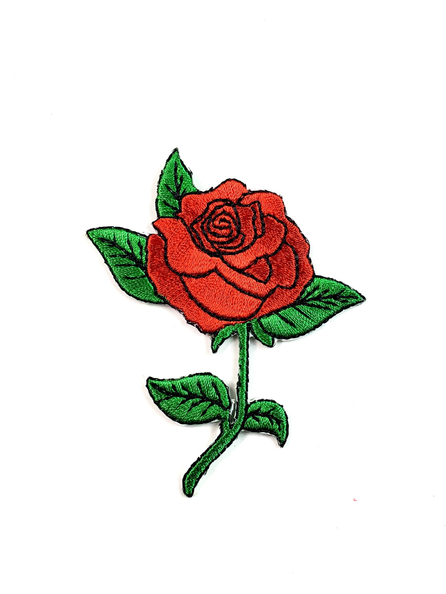 Bright red rose with green leaves and stem embroidered patch