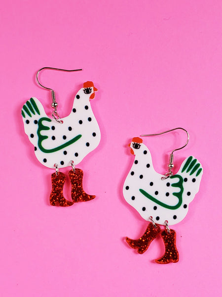 Acrylic Chicken in Boots Dangle Earrings