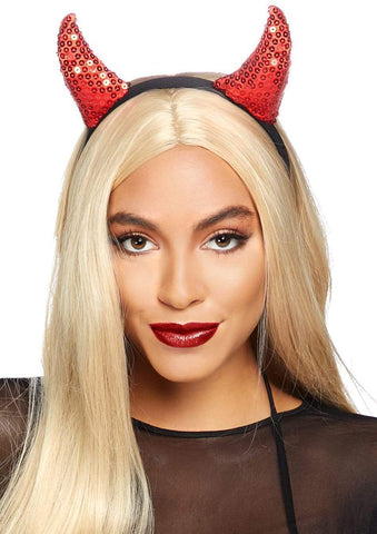 sparkly red sequined devil horns on black headband, shown on model