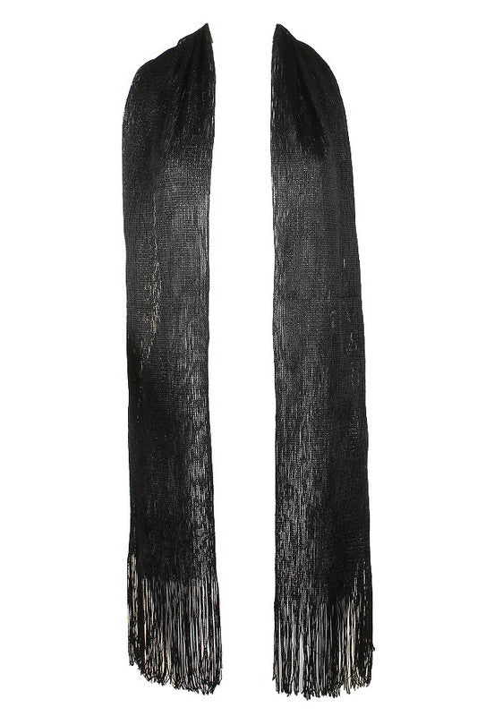 semi-sheer open weave shimmery black lurex fringed scarf