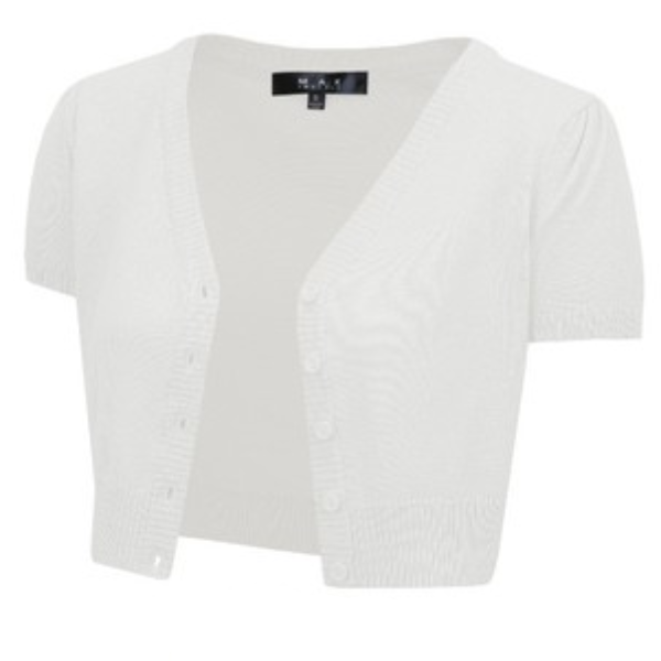 cropped length v-neck short puffed sleeve 5-button cardigan in white