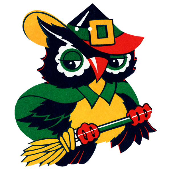 A witch wearing a green, yellow and red and witch hat and green cape riding a broom