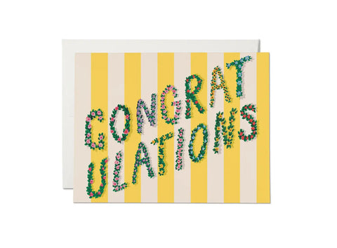 Greeting card with “Congratulations” lettering, each individual letter is formed by a bunch of pink, purple, yellow, or blue flowers. Vertical striped background of yellow and cream
