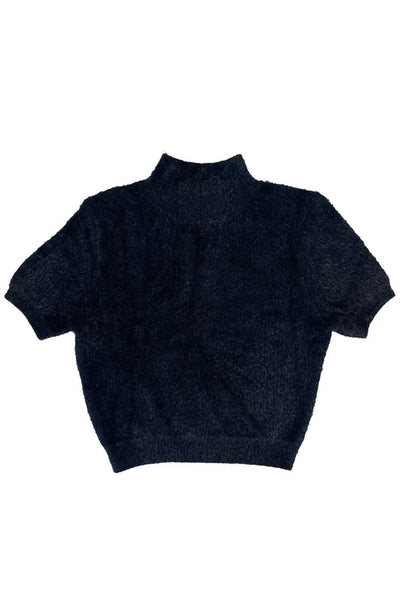 Slightly cropped length short sleeve mock turtleneck "Sweater Girl" style in black