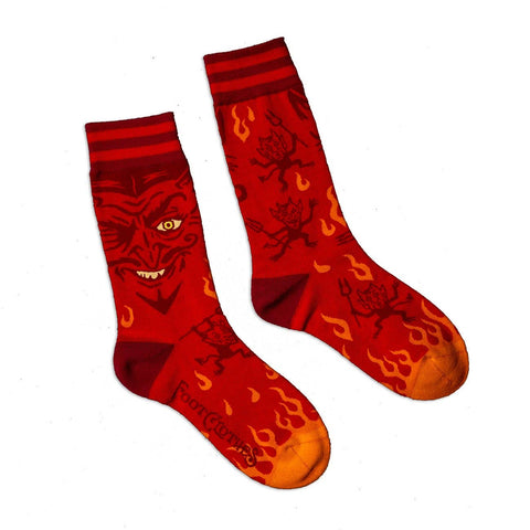 "Vintage Devil" red devils and orange flames stretch cotton blend crew socks