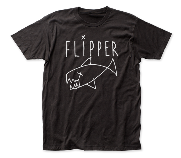 The logo for the punk band Flipper printed on a black unisex t-shirt