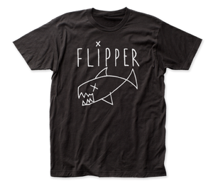 The logo for the punk band Flipper printed on a black unisex t-shirt