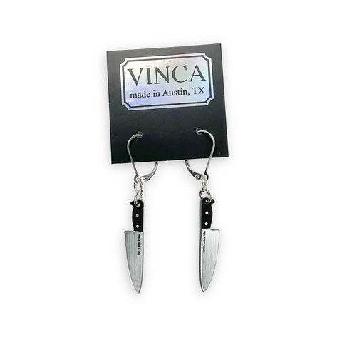 Chef's Knife black and metallic silver acrylic dangle earrings on sterling silver lever back hardware