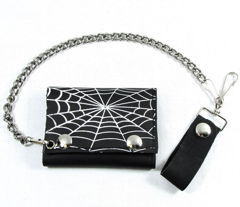 black leather tri-fold snap closure wallet with printed white spiderweb design on front flap and detachable silver metal curb link chain