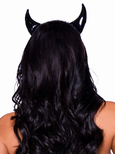 shiny black vinyl devil horns headband, shown back view on model
