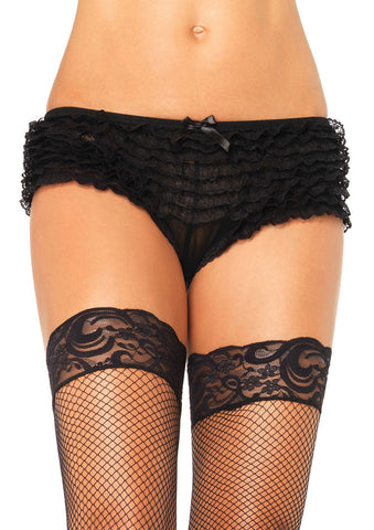 black ruffled lace rows on hipster cut nylon panties, shown on model
