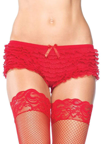bright red lace hipster cut ruffle panties, shown on model