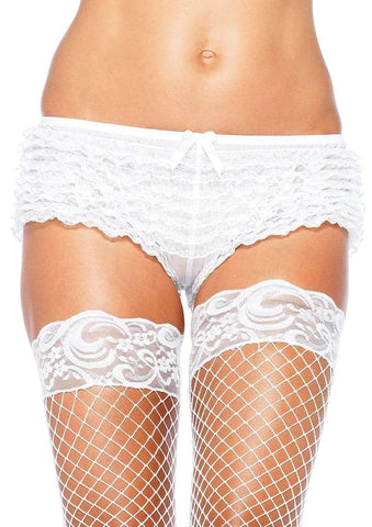 white lace hipster cut ruffle panties, shown on model