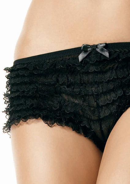 black ruffled lace rows on hipster cut nylon panties, shown on model