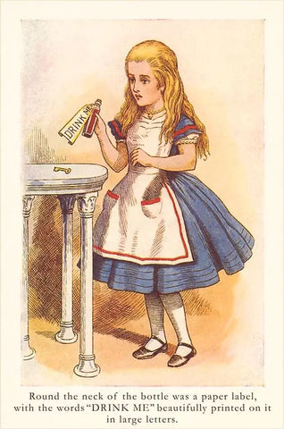A postcard of an illustration from the book Alice In Wonderland of the “Drink Me” bottle