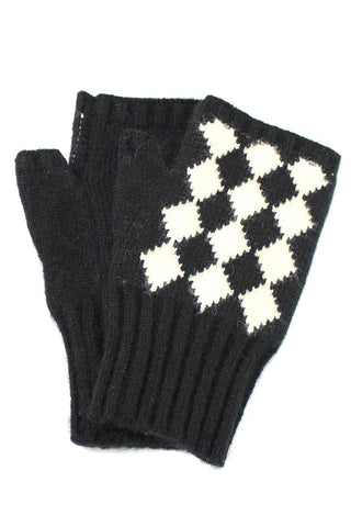 Cozy knit fingerless gloves in a striking black and creamy white diamond check Harlequin pattern