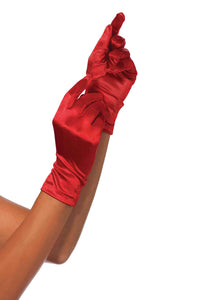 pair wrist length shiny red stretch satin women's gloves