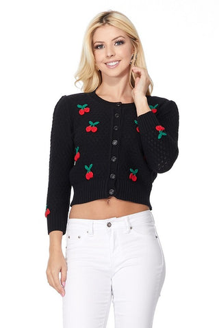 chunky black pointelle knit soft cotton cardigan with 3/4 sleeves with sweet red and green crocheted cherries decorating the front of the sweater (and one on each sleeve)