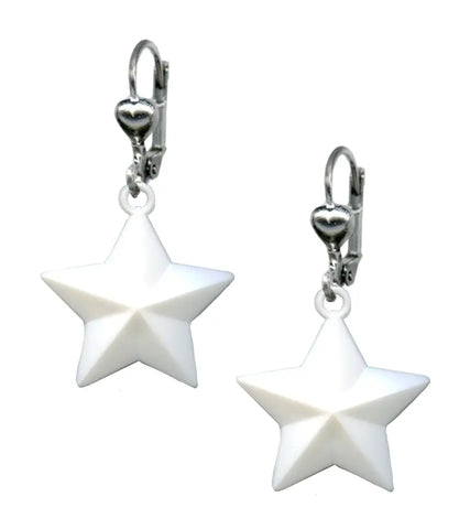 1 1/4” white retro nautical-style star earrings on silver-plated metal lever-back hooks.