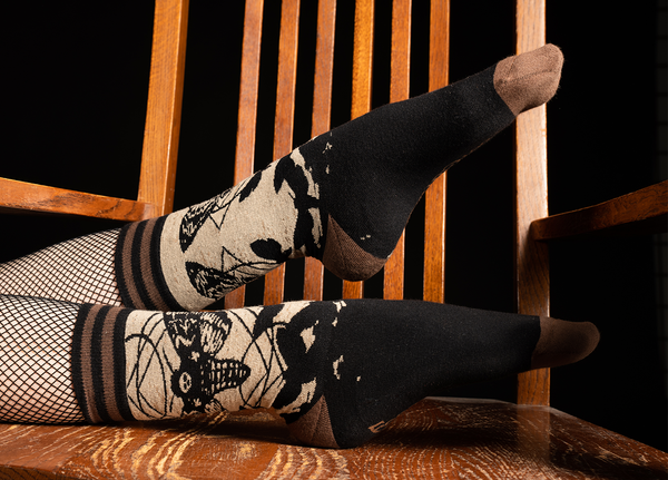 Death's Head Hawkmoth soft stretch cotton blend crew socks, shown on model