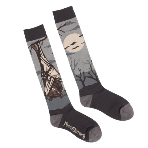 hanging bat & full moon soft stretch cotton blend knee socks