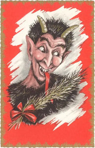 A red, gold, and white postcard with a vintage style illustration of Krampus sticking its tongue out