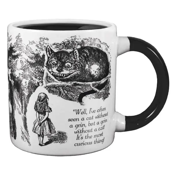 A black and white ceramic mug featuring an illustration from Alice in Wonderland of the Cheshire Cat