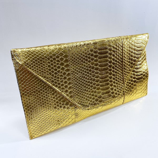 Metallic gold textured snake skin pattern envelope clutch, lined, with interior zip pocket, zipper and hidden magnetic snap closure